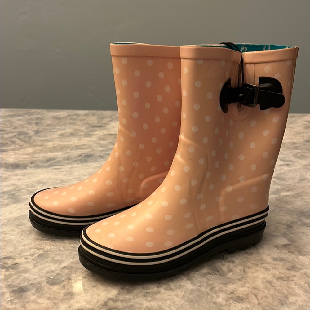 Girls Black and Pink White Polka Dot Rain Boots Platform Sole Size 13 Two Pairs - Picture 3 of 14